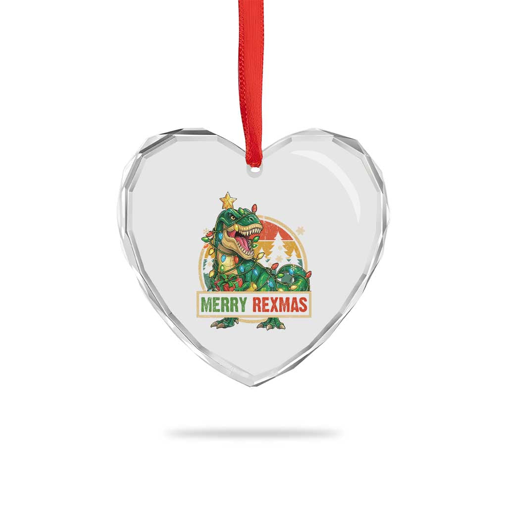 Funny Christmas Dinosaur Heart Crystal Glass Ornament Merry Rexmas Dino Xmas Tree - Wonder Print Shop