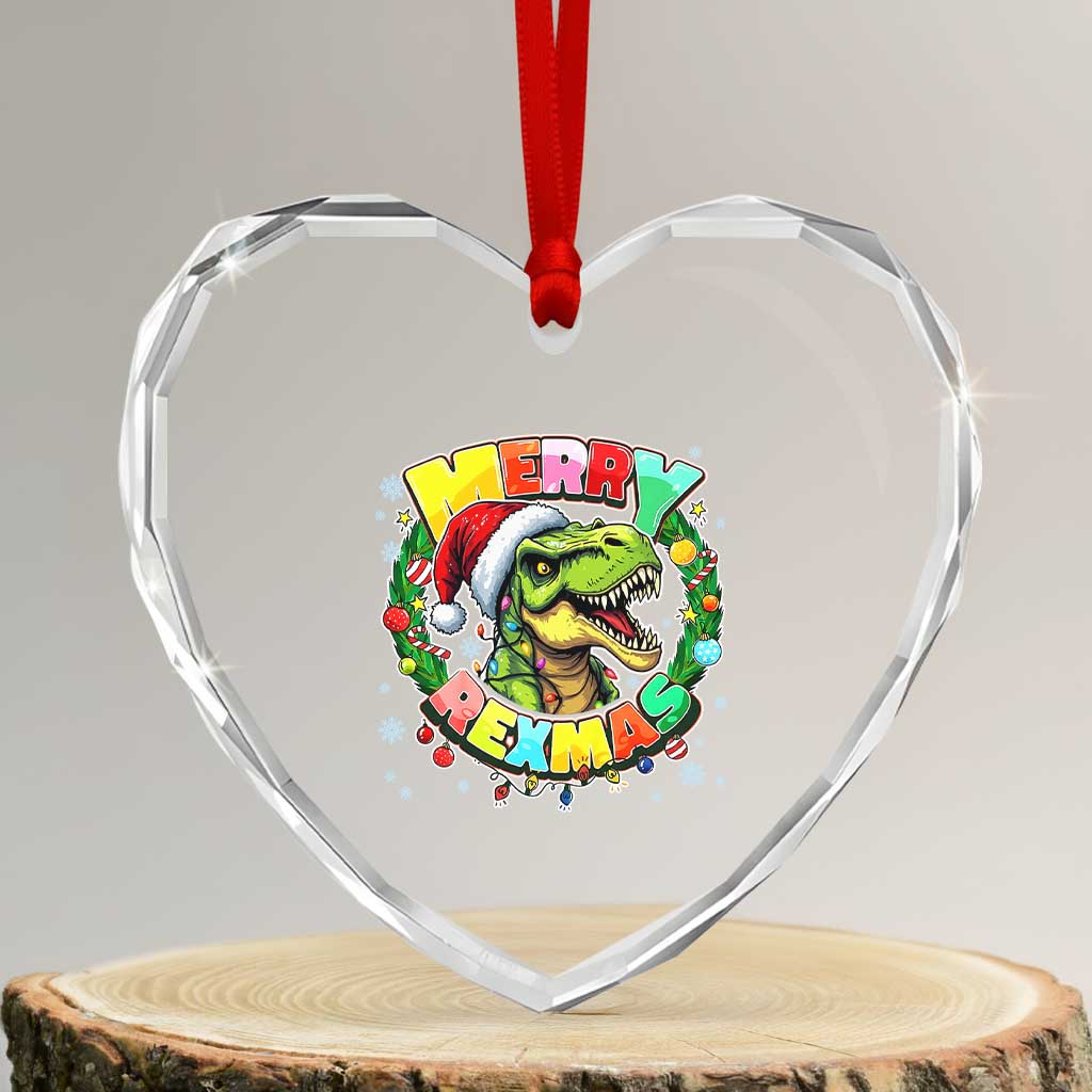 Funny Christmas Dinosaur Heart Crystal Glass Ornament Merry Rexmas Dino Xmas Wreath - Wonder Print Shop