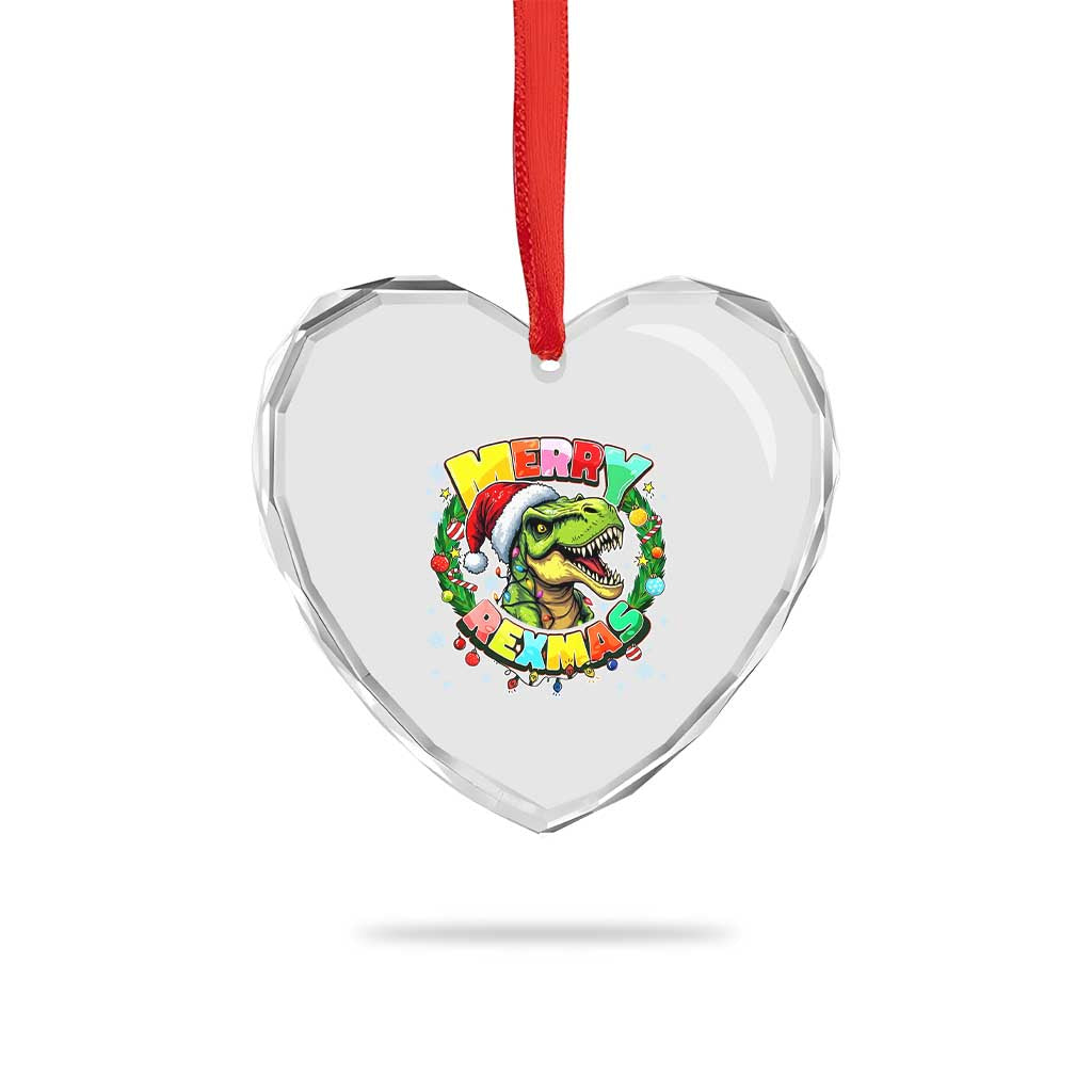 Funny Christmas Dinosaur Heart Crystal Glass Ornament Merry Rexmas Dino Xmas Wreath - Wonder Print Shop