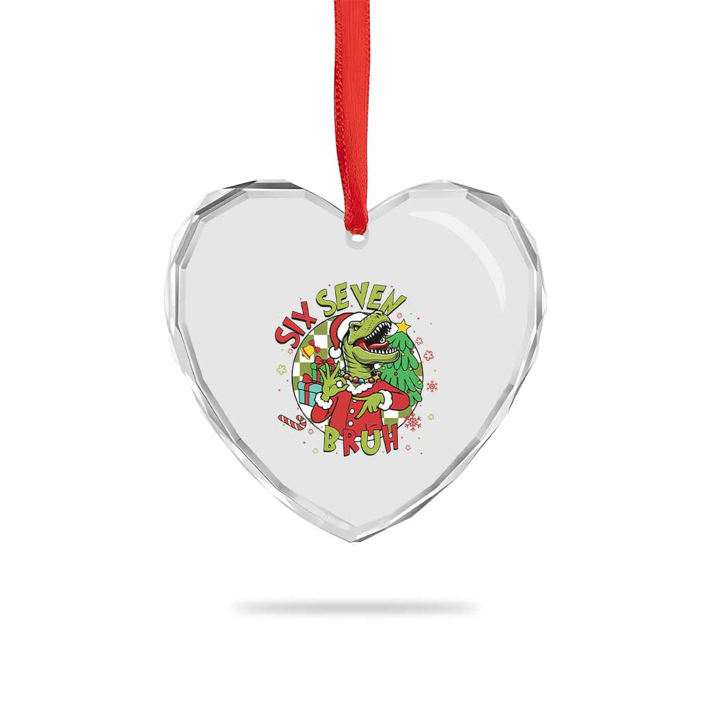 Funny Christmas Dinosaur Lover Gift Heart Crystal Glass Ornament Trending Six Seven Bruh - Wonder Print Shop