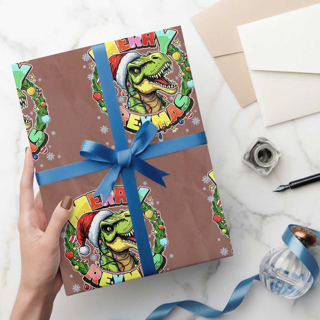 Funny Christmas Dinosaur Wrapping Paper Roll Merry Rexmas Dino Xmas Wreath - Wonder Print Shop