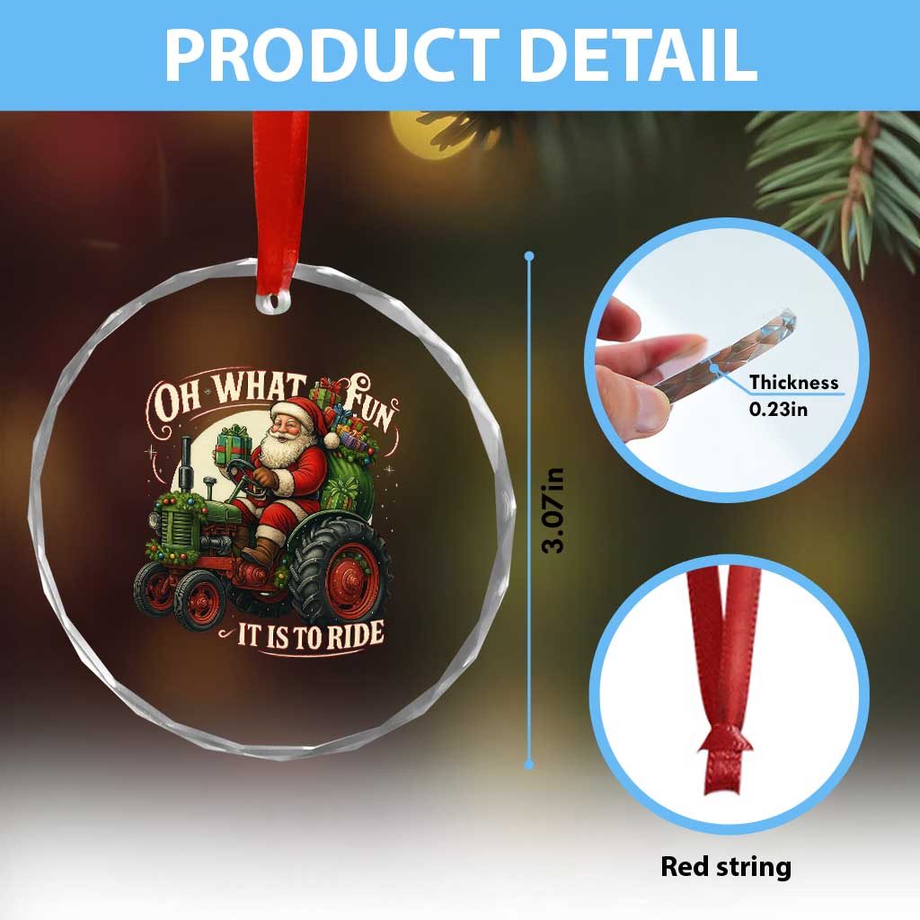 Funny Christmas Farmer Crystal Glass Ornament Oh What Fun It Is To Ride Santa Farm Tractor - Wonder Print Shop