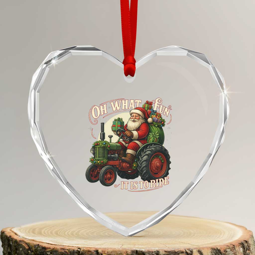 Funny Christmas Farmer Heart Crystal Glass Ornament Oh What Fun It Is To Ride Santa Farm Tractor - Wonder Print Shop