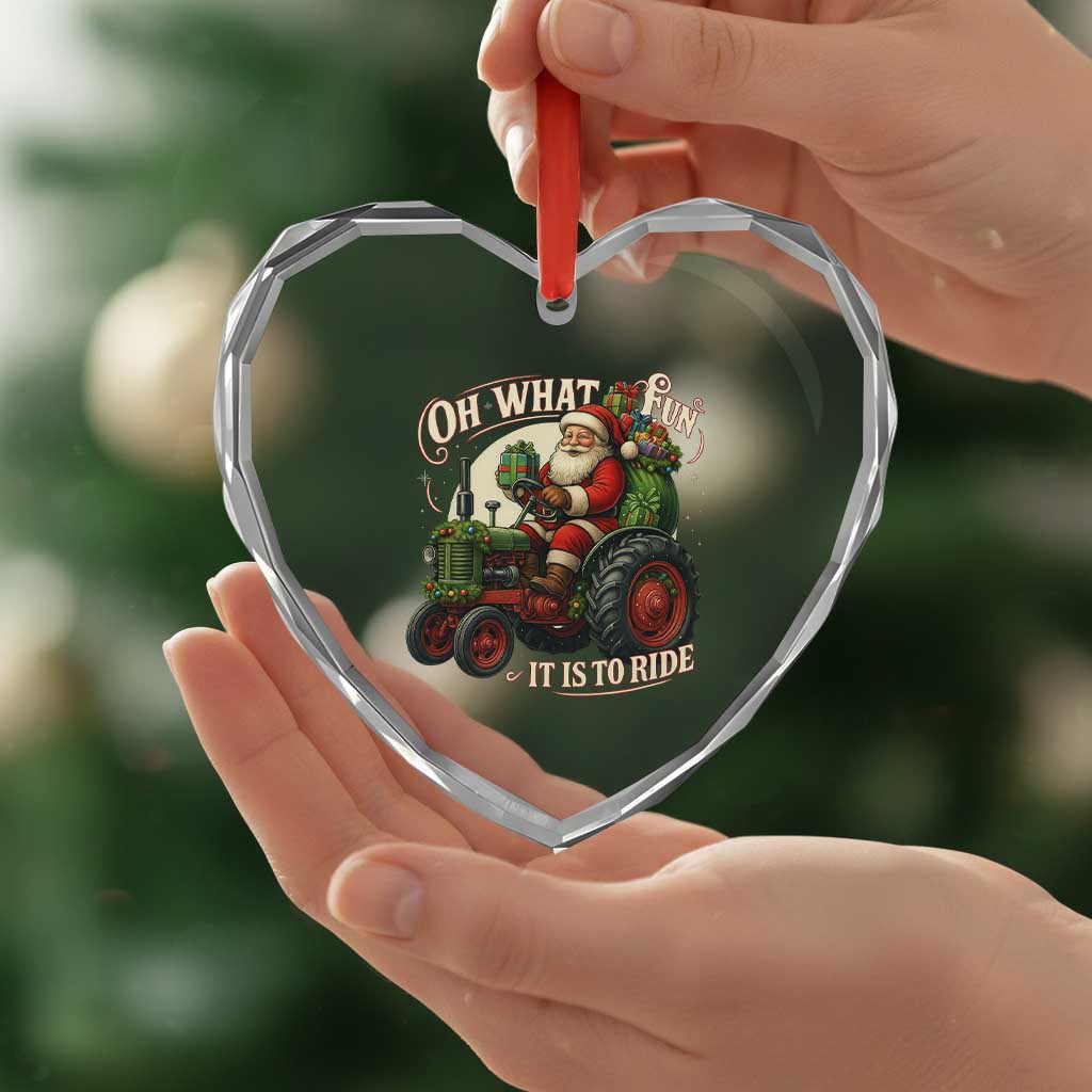 Funny Christmas Farmer Heart Crystal Glass Ornament Oh What Fun It Is To Ride Santa Farm Tractor - Wonder Print Shop