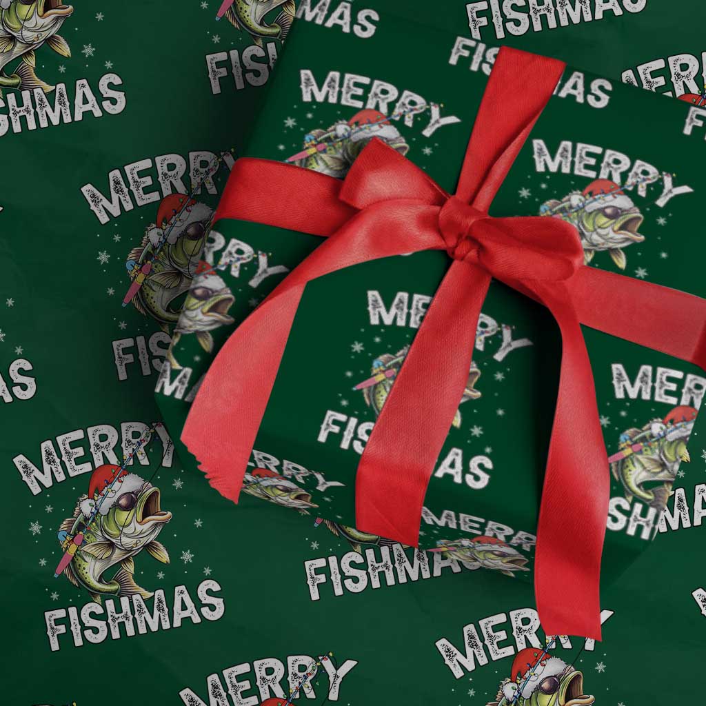 Funny Christmas Fishing Wrapping Paper Roll Merry Fishmas Bass Fish Rod - Wonder Print Shop