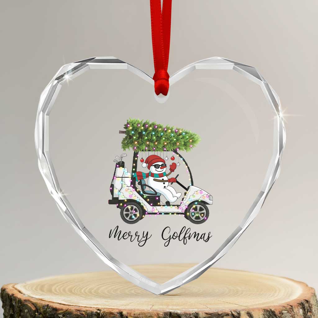 Funny Christmas Golf Heart Crystal Glass Ornament Snowman Driving Golf Cart Merry Golfmas - Wonder Print Shop
