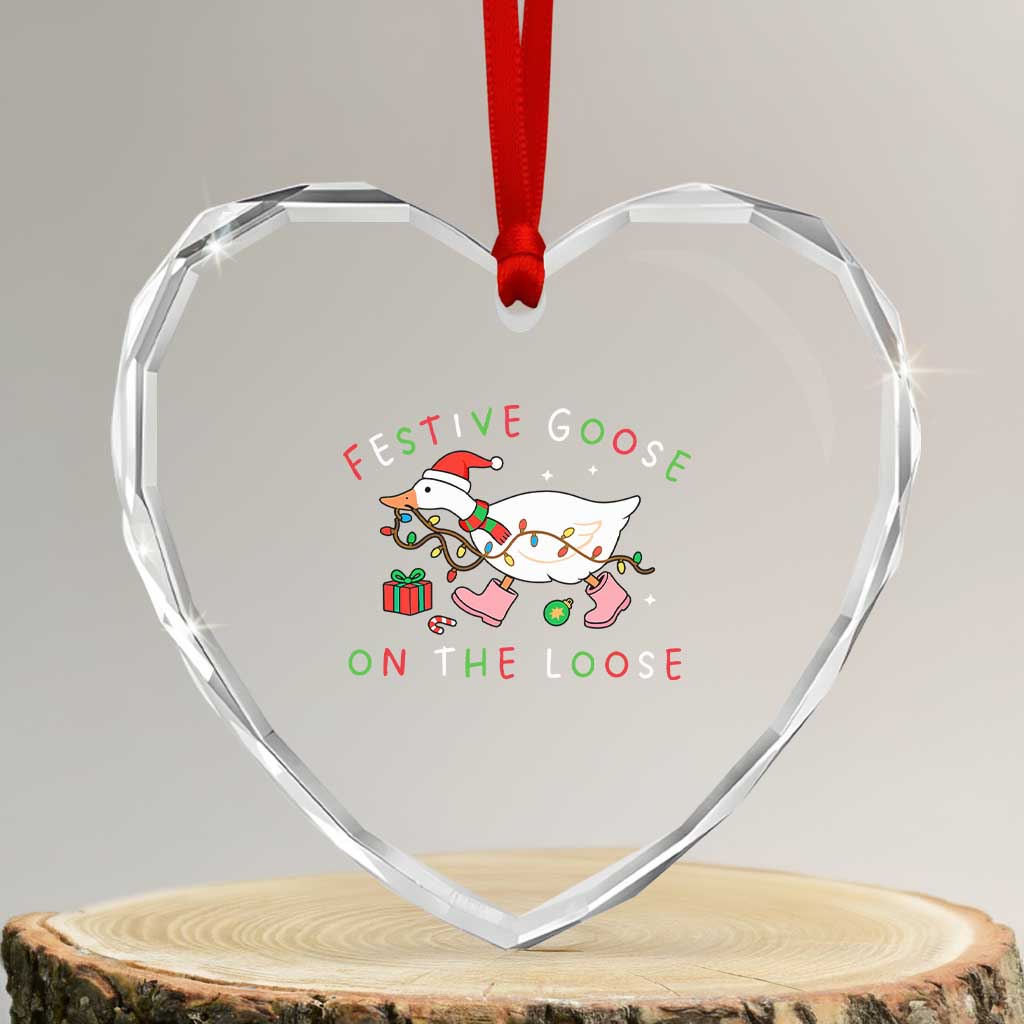 Funny Christmas Goose Heart Crystal Glass Ornament Festive Goose On The Loose Xmas Duck Meme - Wonder Print Shop