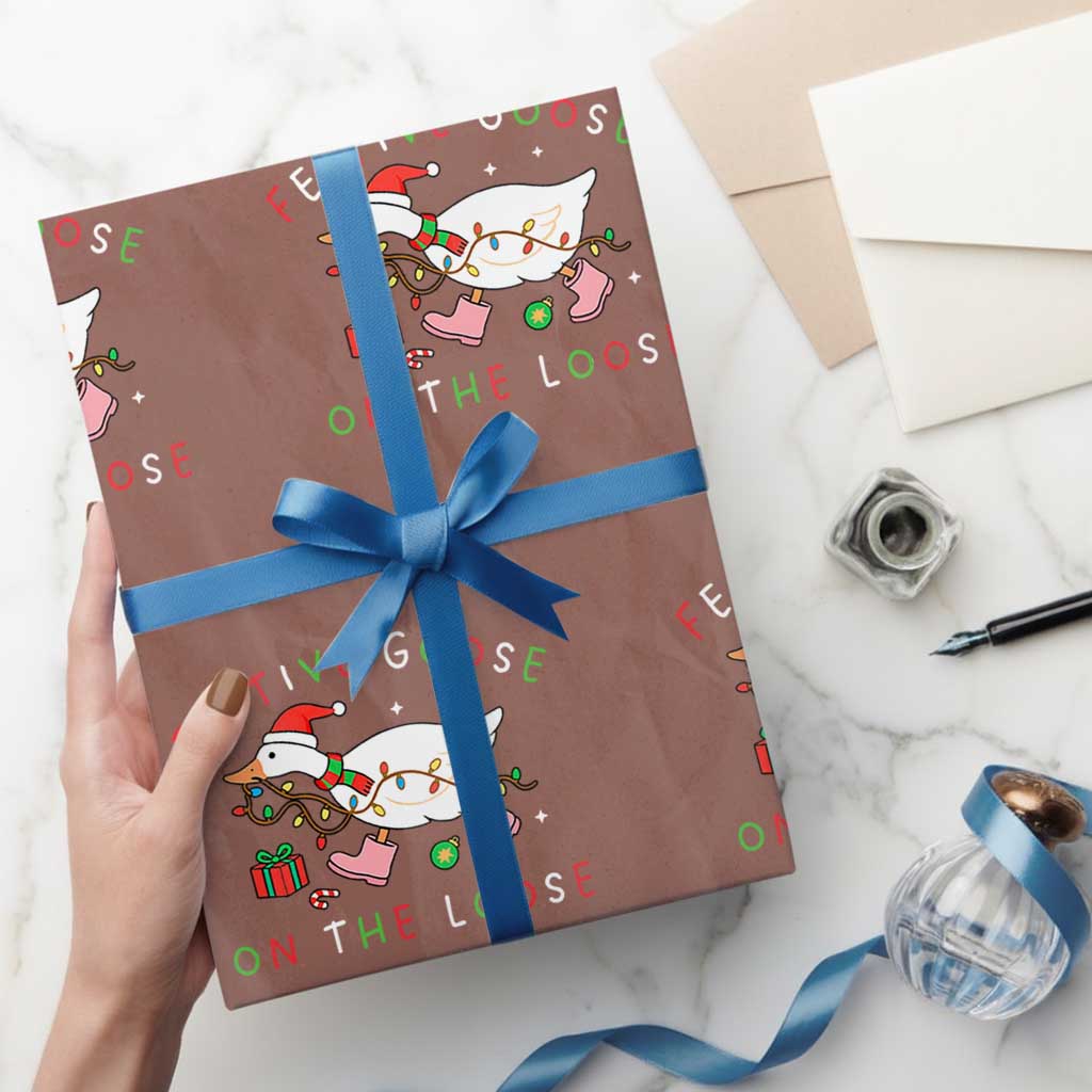 Funny Christmas Goose Wrapping Paper Roll Festive Goose On The Loose Xmas Duck Meme - Wonder Print Shop
