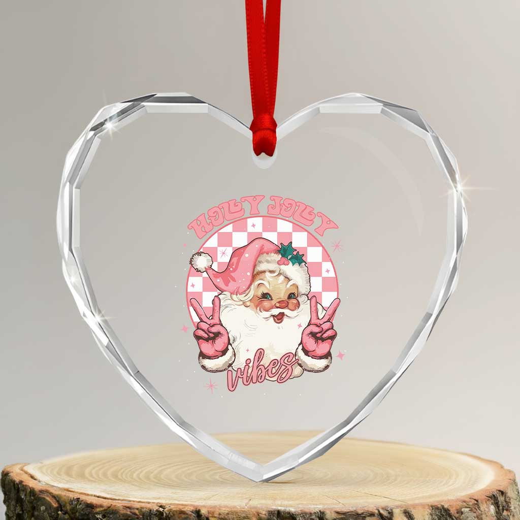 Funny Christmas Heart Crystal Glass Ornament Holly Jolly Vibes Retro Pink Santa - Wonder Print Shop