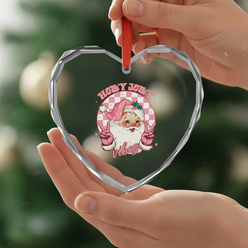 Funny Christmas Heart Crystal Glass Ornament Holly Jolly Vibes Retro Pink Santa - Wonder Print Shop