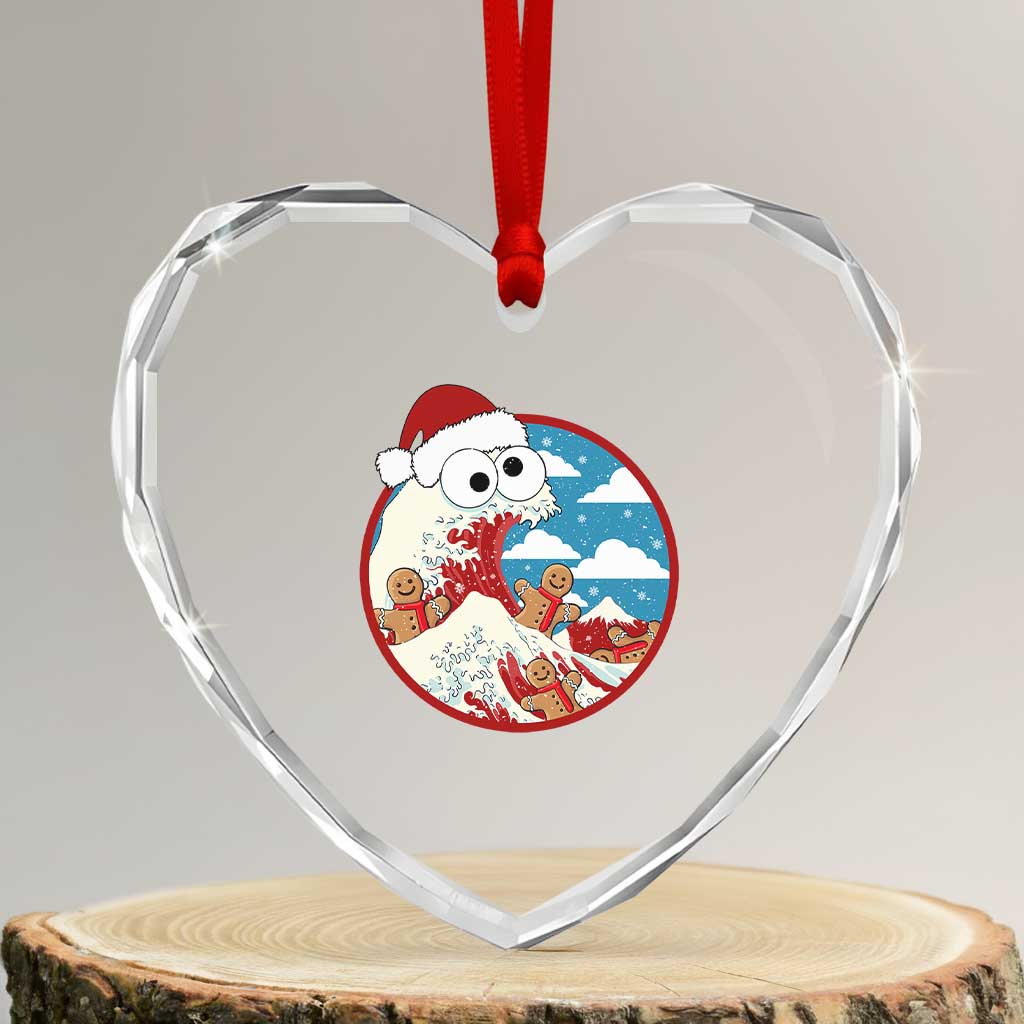 Funny Christmas Heart Crystal Glass Ornament Santa Tsunami Is Eating Ginger Bread Xmas - Wonder Print Shop