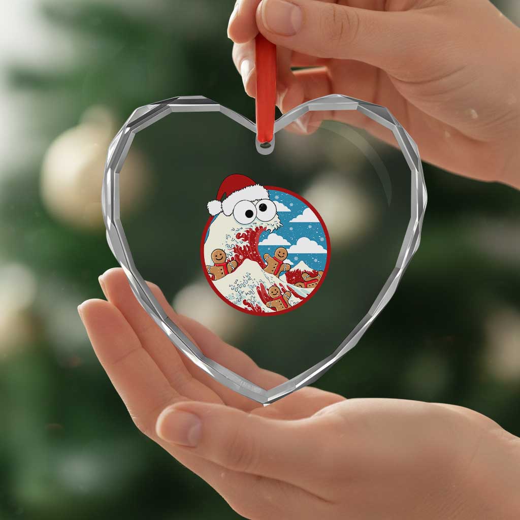 Funny Christmas Heart Crystal Glass Ornament Santa Tsunami Is Eating Ginger Bread Xmas - Wonder Print Shop