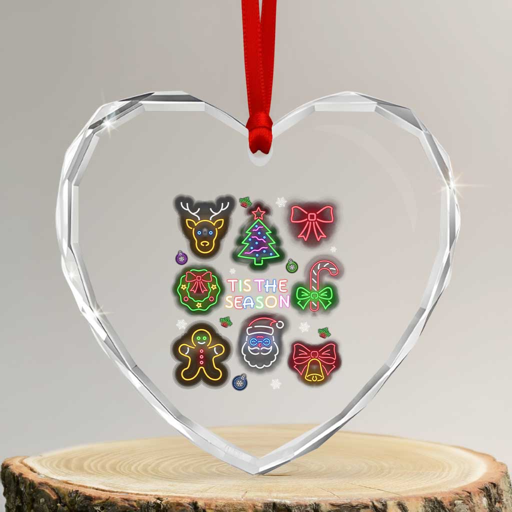 Funny Christmas Heart Crystal Glass Ornament Tis The Season Neon Lights Santa Gingerbread - Wonder Print Shop