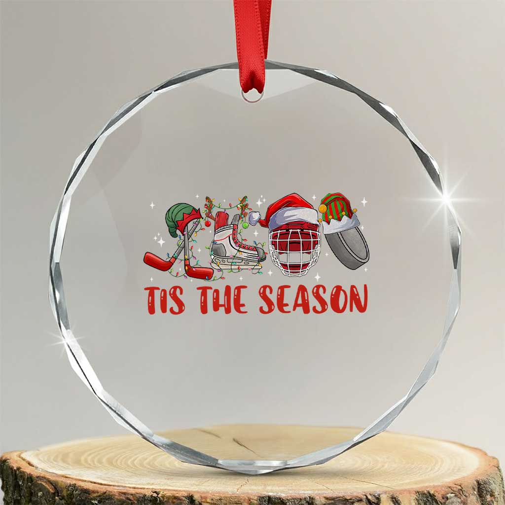 Funny Christmas Ice Hockey Crystal Glass Ornament Tis The Season Santa Elf Hat Hockey Equipment - Wonder Print Shop