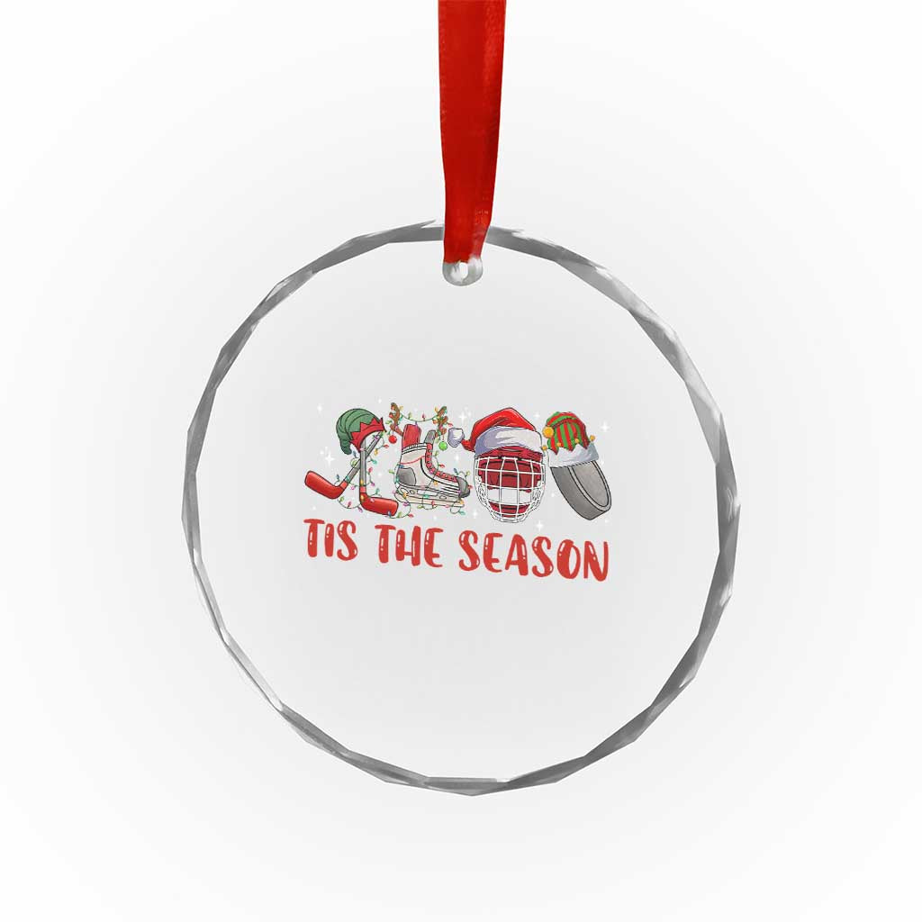 Funny Christmas Ice Hockey Crystal Glass Ornament Tis The Season Santa Elf Hat Hockey Equipment - Wonder Print Shop