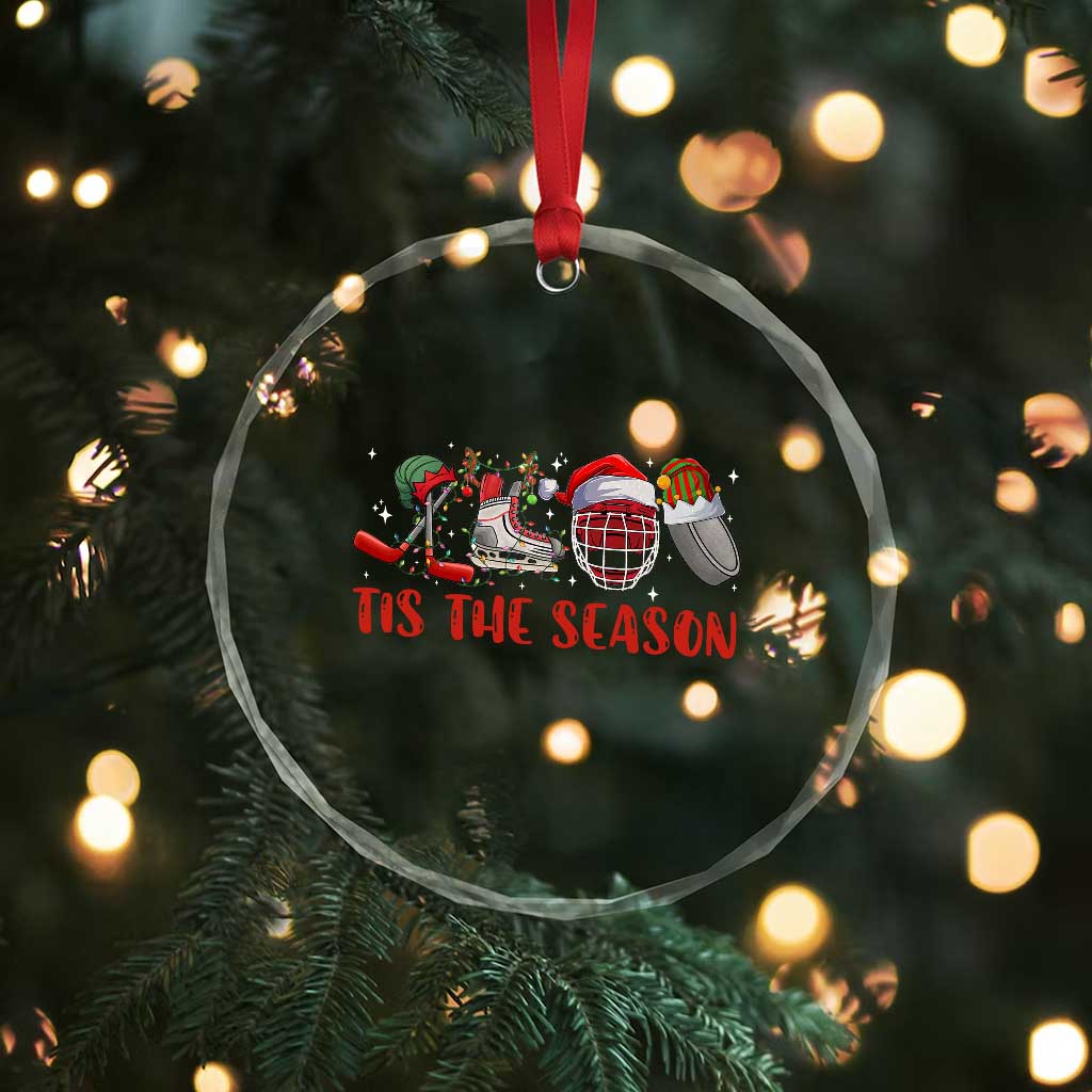 Funny Christmas Ice Hockey Crystal Glass Ornament Tis The Season Santa Elf Hat Hockey Equipment - Wonder Print Shop