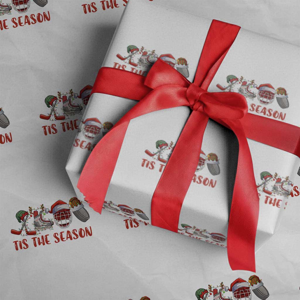 Funny Christmas Ice Hockey Wrapping Paper Roll Tis The Season Santa Elf Hat Hockey Equipment - Wonder Print Shop