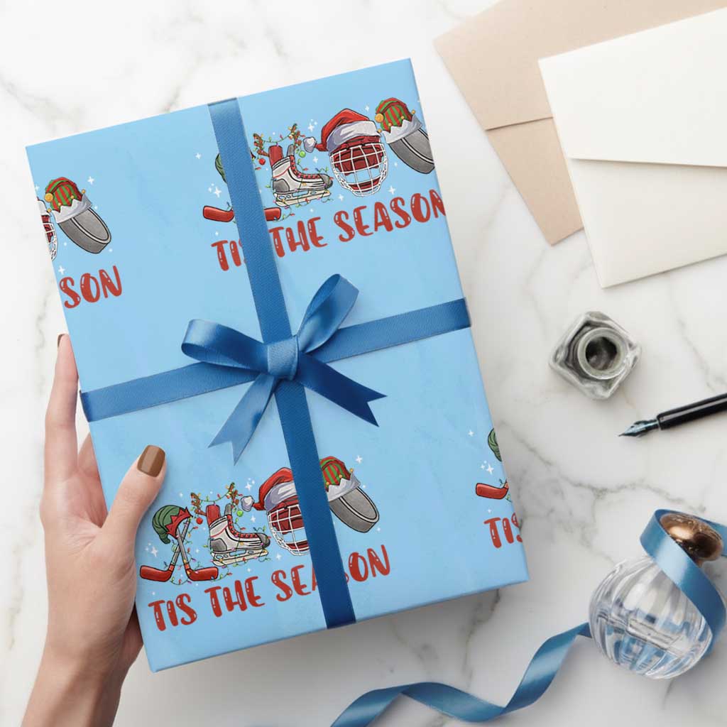 Funny Christmas Ice Hockey Wrapping Paper Roll Tis The Season Santa Elf Hat Hockey Equipment - Wonder Print Shop
