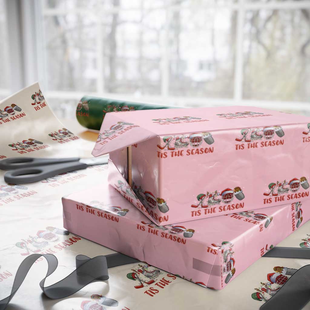 Funny Christmas Ice Hockey Wrapping Paper Roll Tis The Season Santa Elf Hat Hockey Equipment - Wonder Print Shop