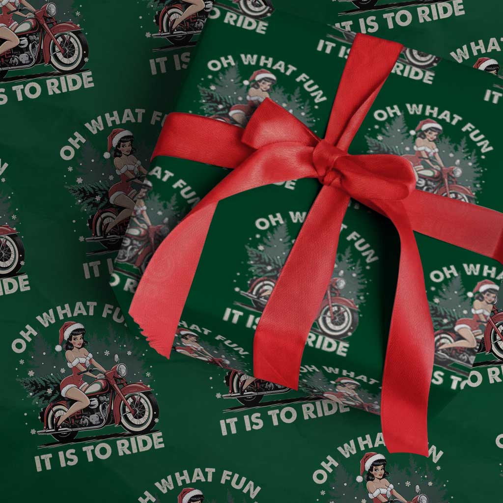 Funny Christmas Motorbike Wrapping Paper Roll Oh What Fun It Is To Ride Female Santa Biker - Wonder Print Shop
