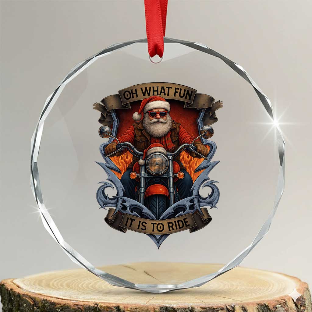 Funny Christmas Motorcycle Santa Crystal Glass Ornament Oh What Fun It Is To Ride Xmas Biker - Wonder Print Shop