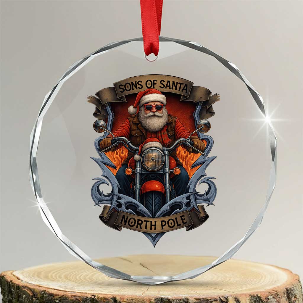 Funny Christmas Motorcycle Santa Crystal Glass Ornament Sons Of Santa North Pole Xmas Biker - Wonder Print Shop