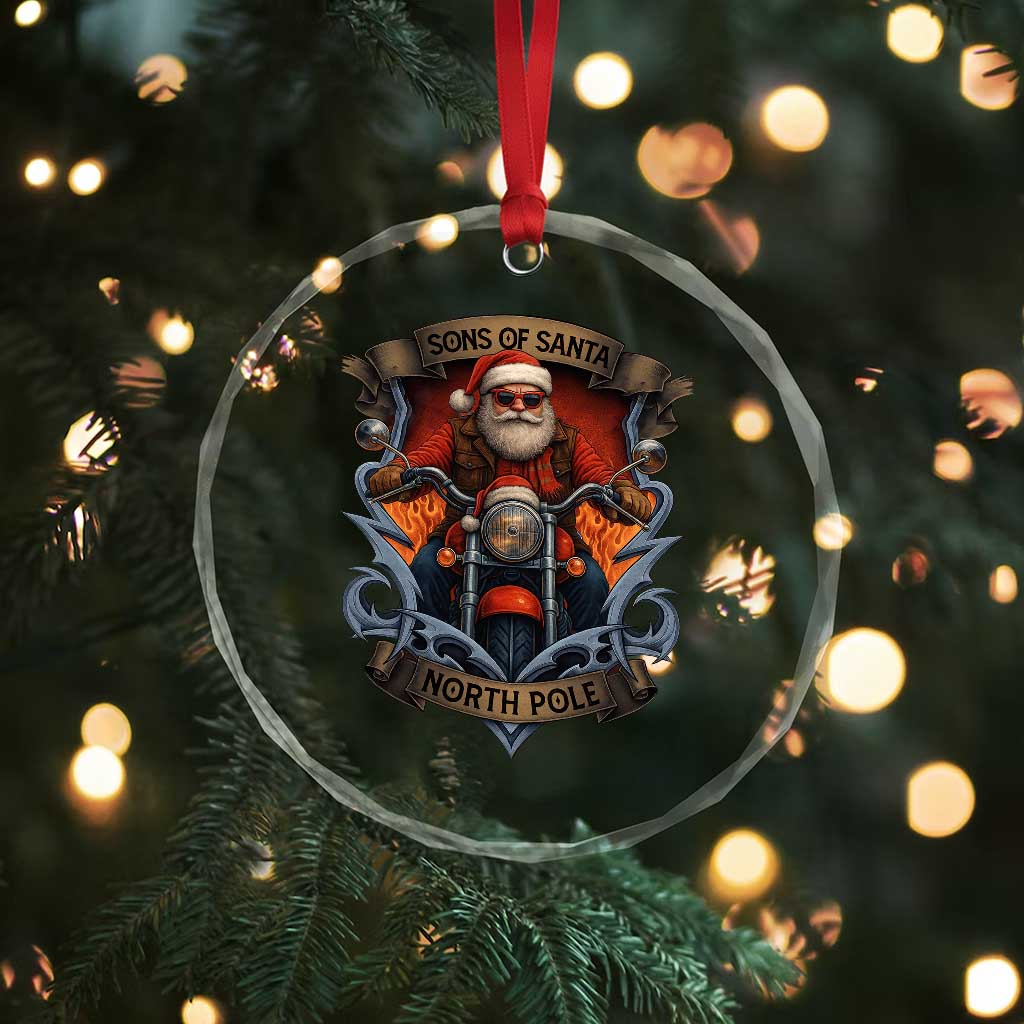 Funny Christmas Motorcycle Santa Crystal Glass Ornament Sons Of Santa North Pole Xmas Biker - Wonder Print Shop
