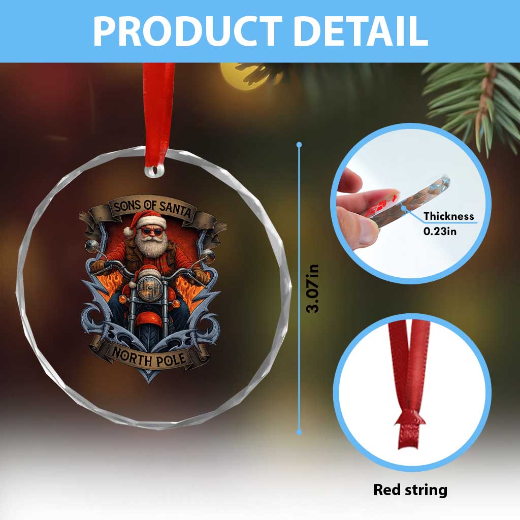 Funny Christmas Motorcycle Santa Crystal Glass Ornament Sons Of Santa North Pole Xmas Biker - Wonder Print Shop