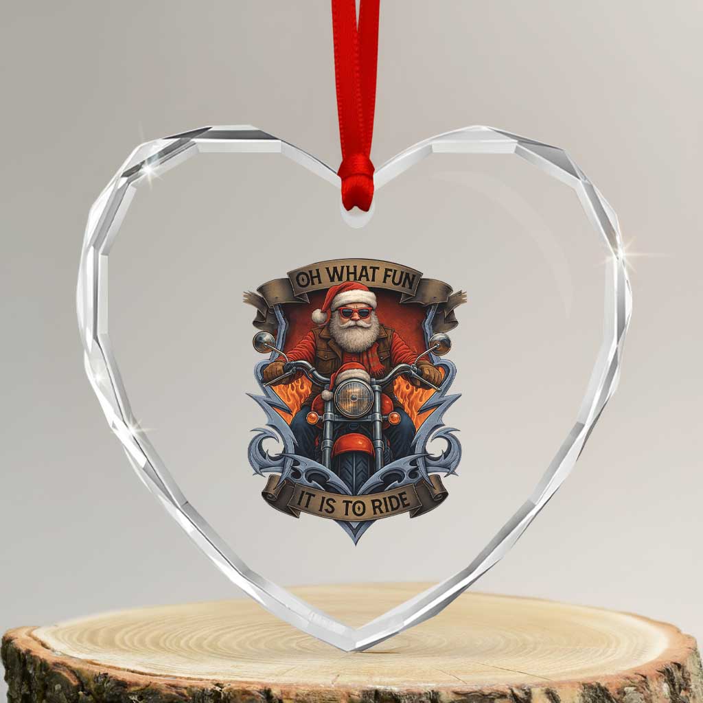 Funny Christmas Motorcycle Santa Heart Crystal Glass Ornament Oh What Fun It Is To Ride Xmas Biker - Wonder Print Shop