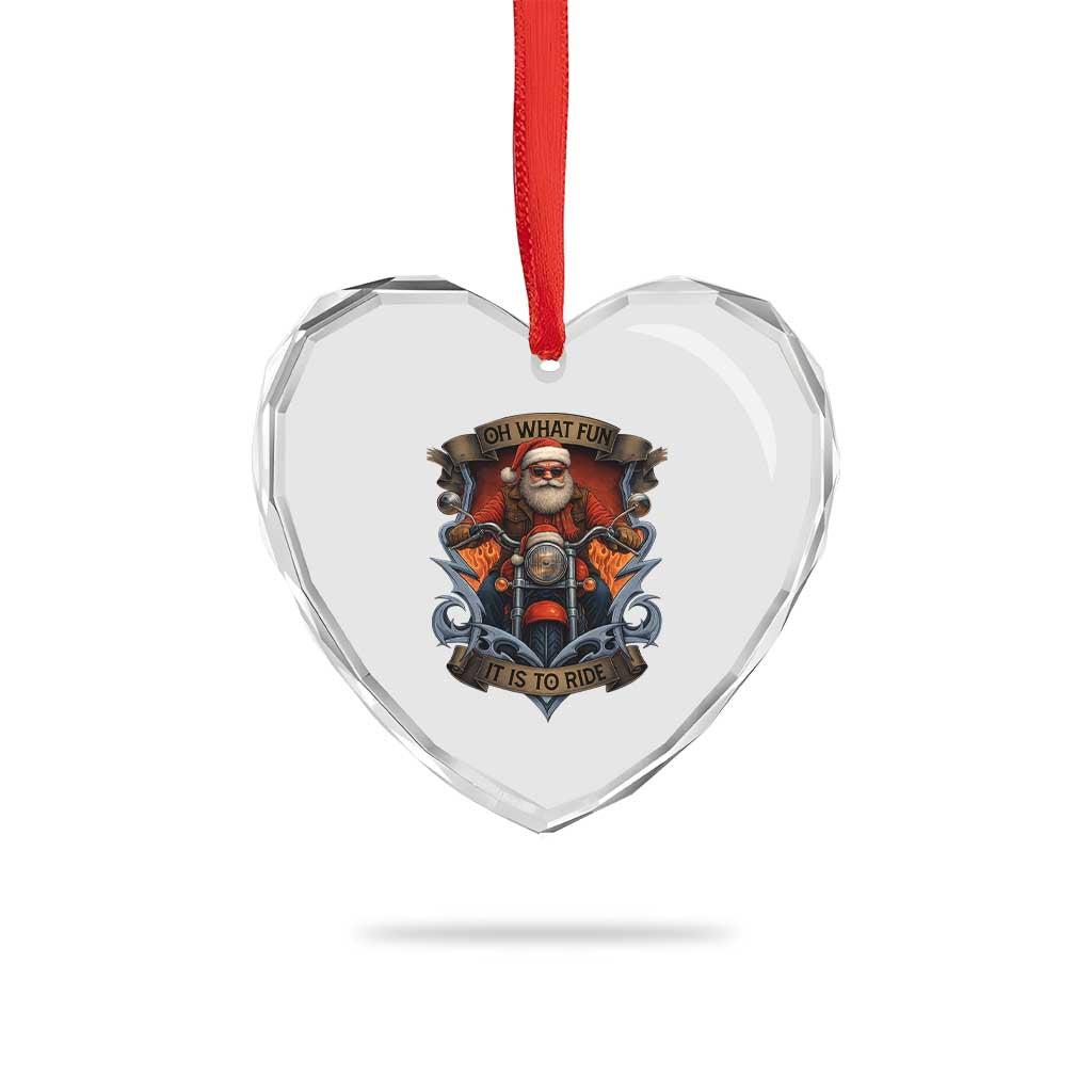 Funny Christmas Motorcycle Santa Heart Crystal Glass Ornament Oh What Fun It Is To Ride Xmas Biker - Wonder Print Shop