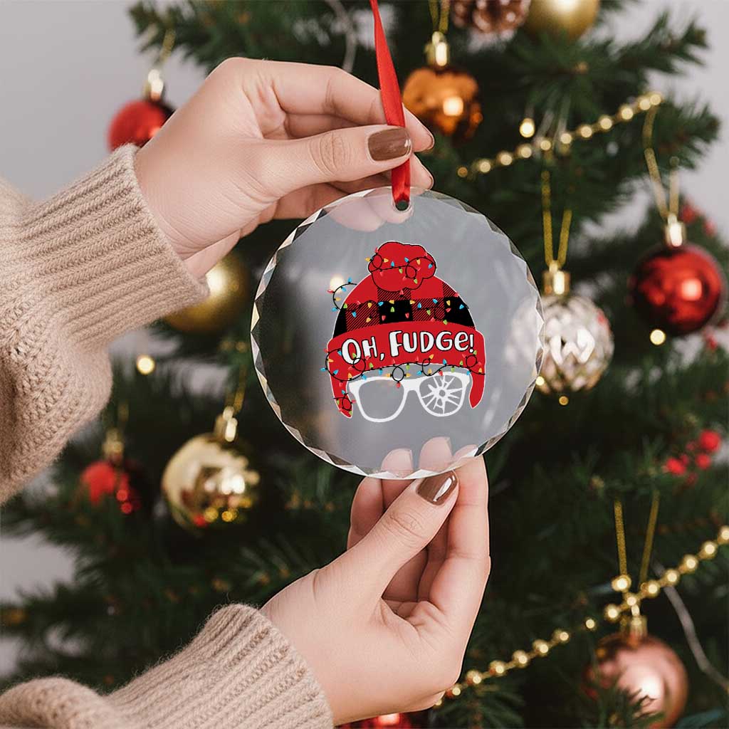 Funny Christmas Movie Crystal Glass Ornament Oh Fudge Buffalo Plaid Printed Graphic Beanie Cap Xmas Light - Wonder Print Shop