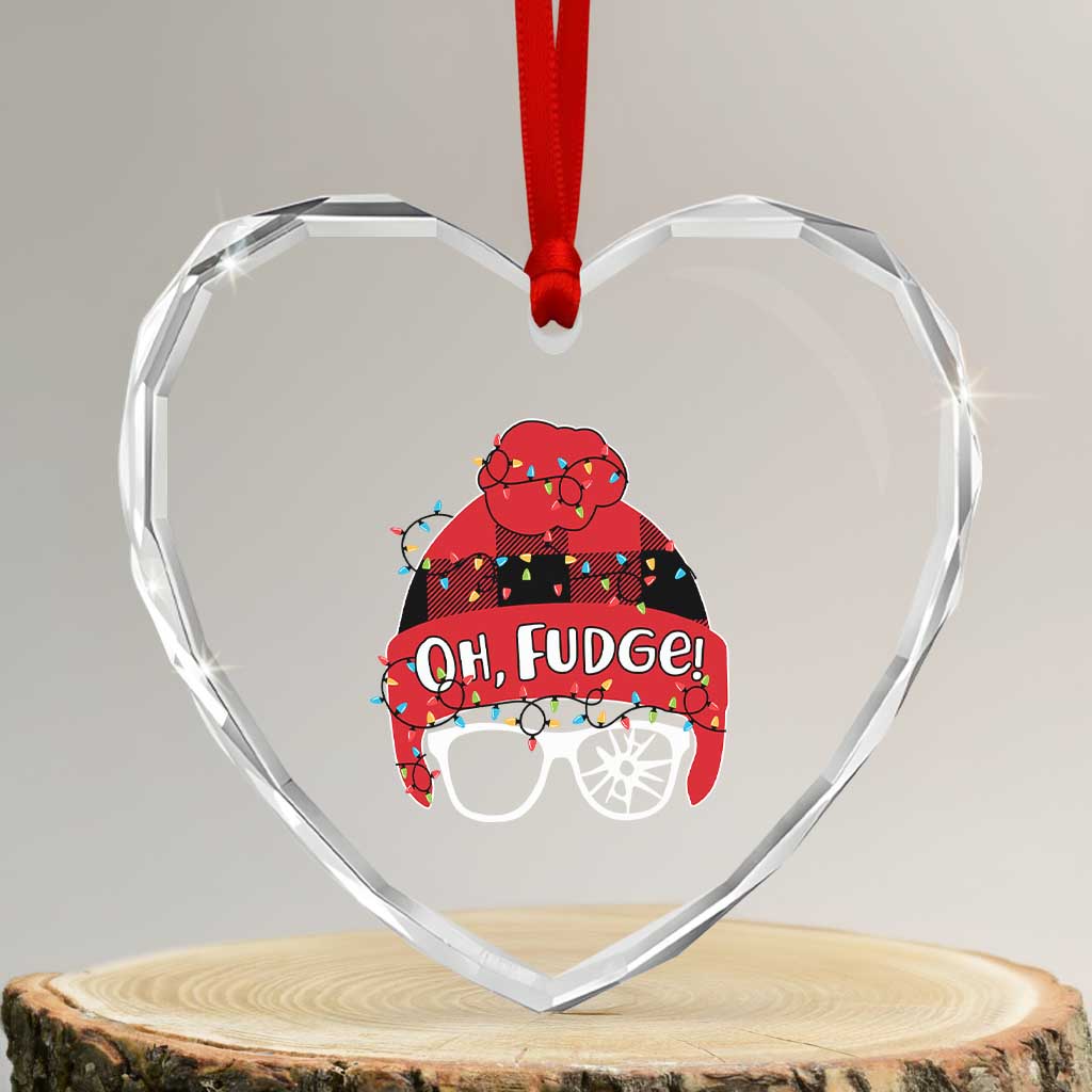 Funny Christmas Movie Heart Crystal Glass Ornament Oh Fudge Buffalo Plaid Printed Graphic Beanie Cap Xmas Light - Wonder Print Shop