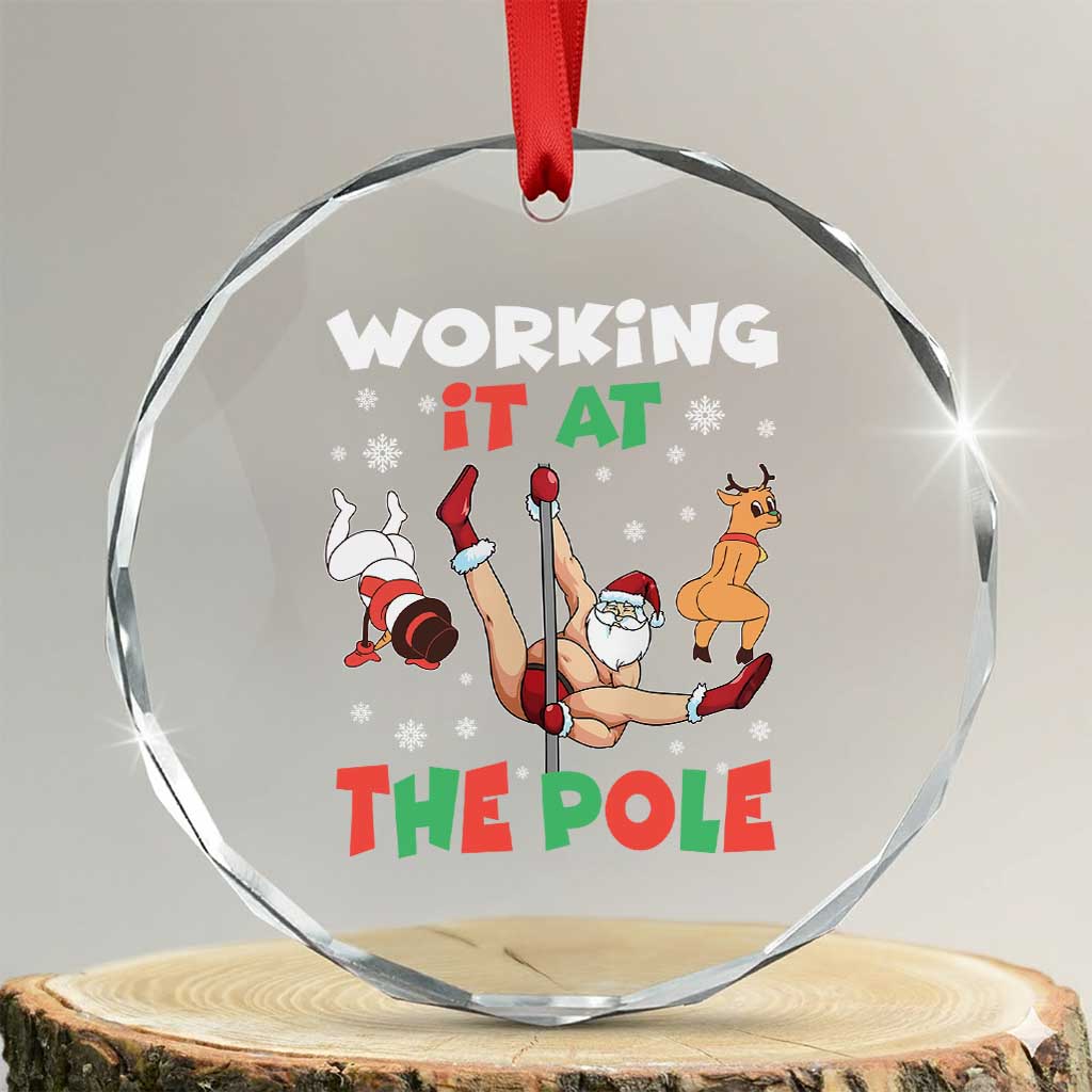 Funny Christmas Naughty Santa Crystal Glass Ornament Working It At The Pole - Wonder Print Shop