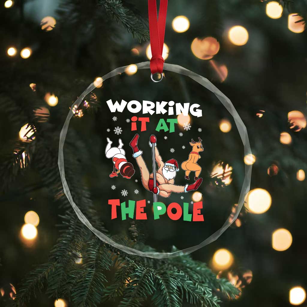 Funny Christmas Naughty Santa Crystal Glass Ornament Working It At The Pole - Wonder Print Shop