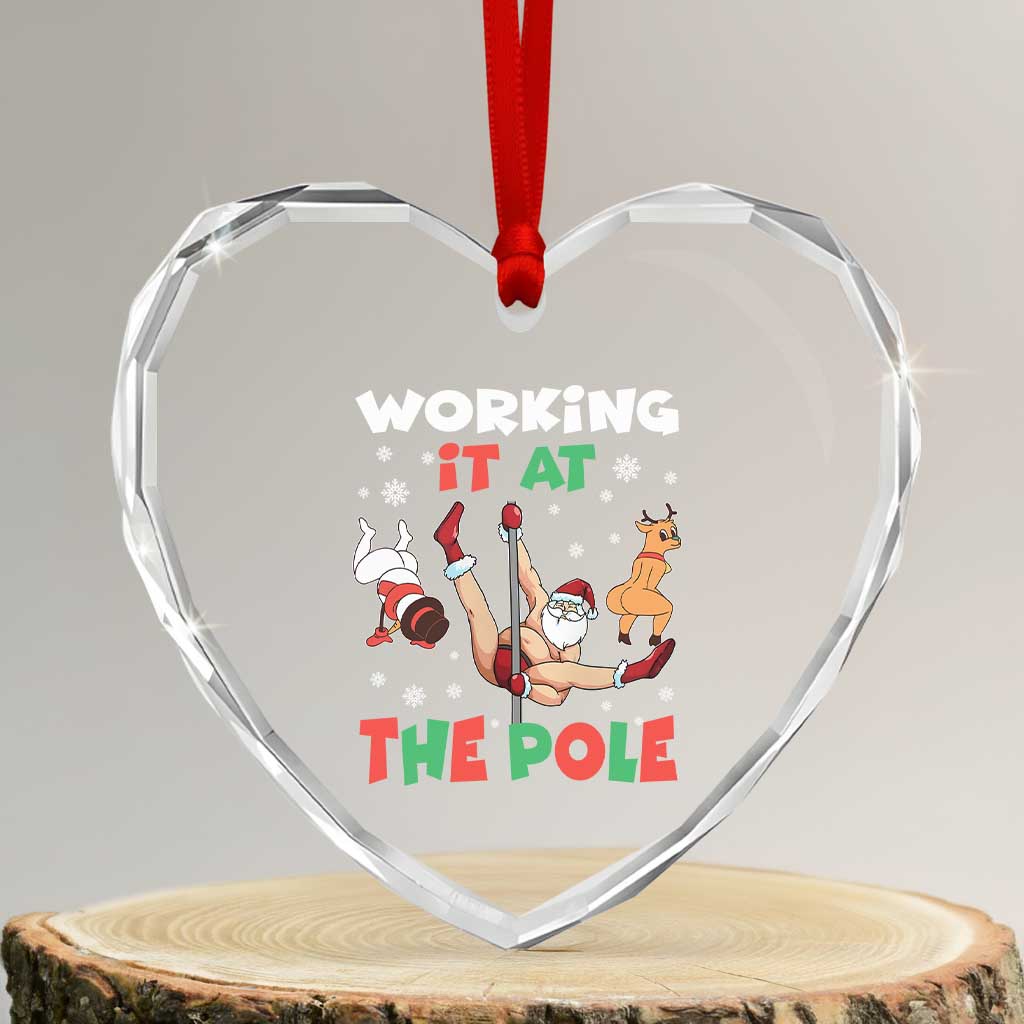 Funny Christmas Naughty Santa Heart Crystal Glass Ornament Working It At The Pole - Wonder Print Shop