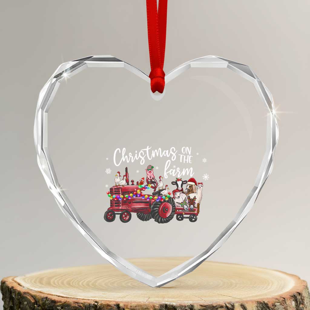 Funny Christmas On The Farm Heart Crystal Glass Ornament Vintage Red Tractor Livestock - Wonder Print Shop