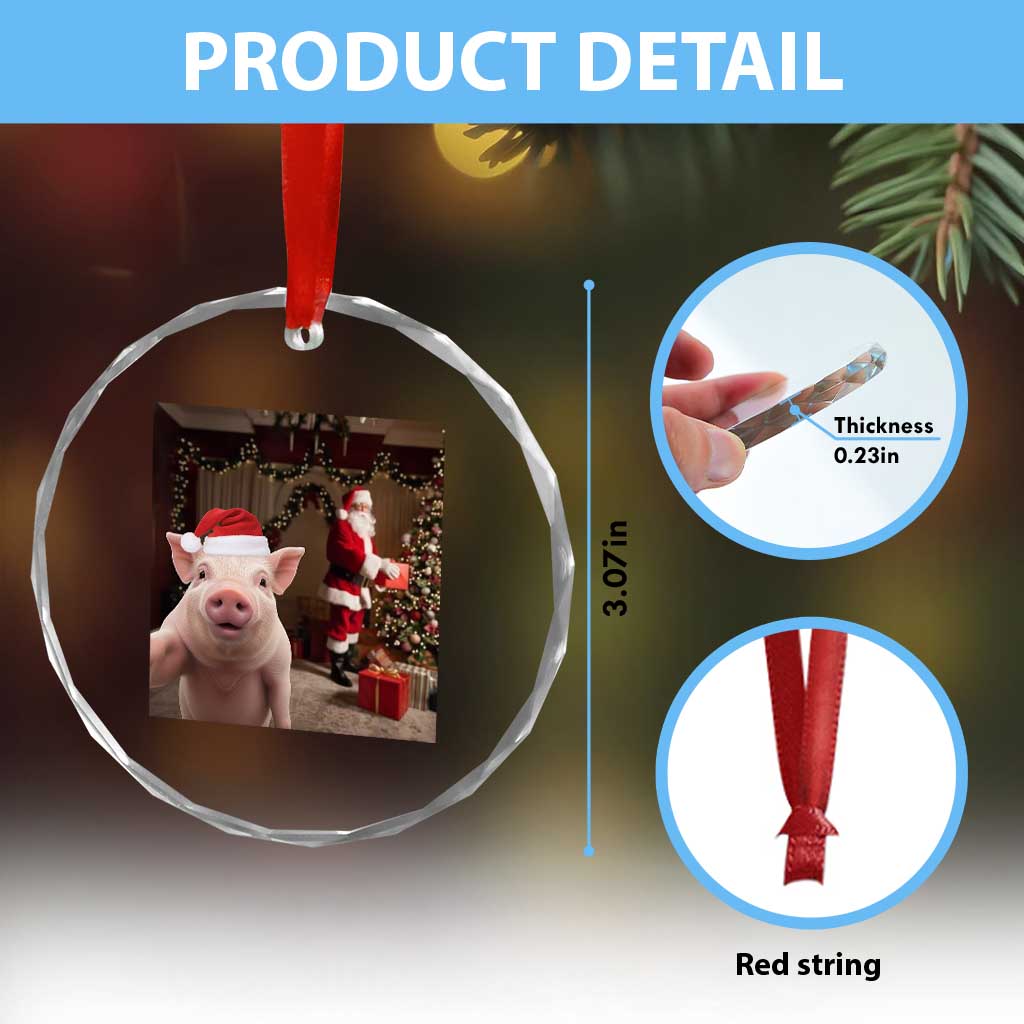 Funny Christmas Pig Selfie With Santa Gift Crystal Glass Ornament - Wonder Print Shop