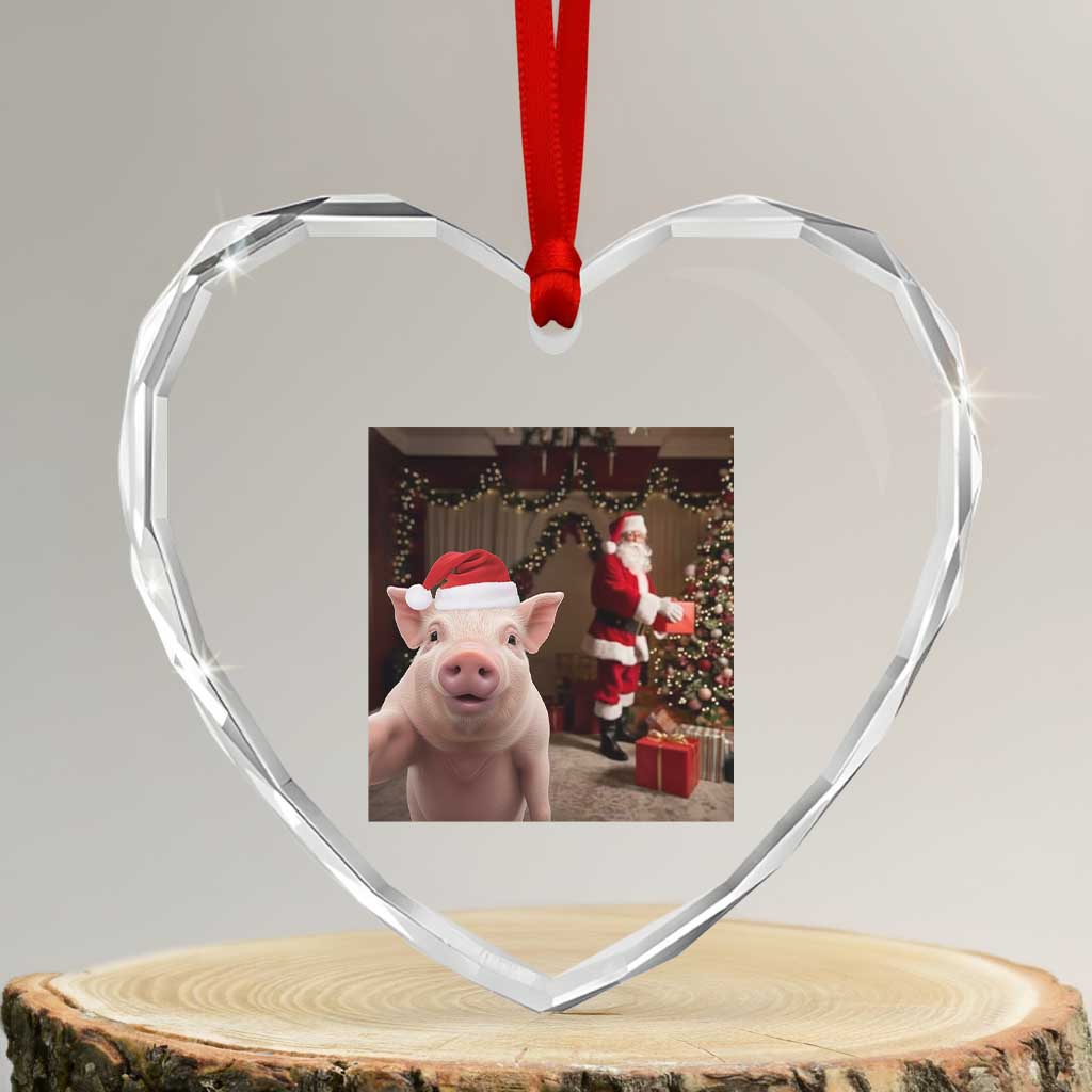 Funny Christmas Pig Selfie With Santa Gift Heart Crystal Glass Ornament - Wonder Print Shop