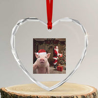 Funny Christmas Pig Selfie With Santa Gift Heart Crystal Glass Ornament - Wonder Print Shop