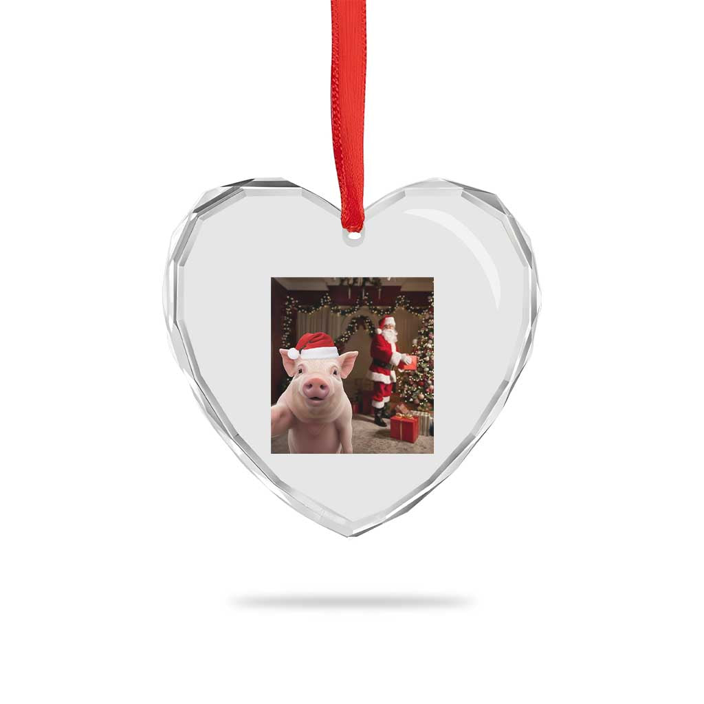 Funny Christmas Pig Selfie With Santa Gift Heart Crystal Glass Ornament - Wonder Print Shop