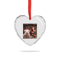 Funny Christmas Pig Selfie With Santa Gift Heart Crystal Glass Ornament - Wonder Print Shop