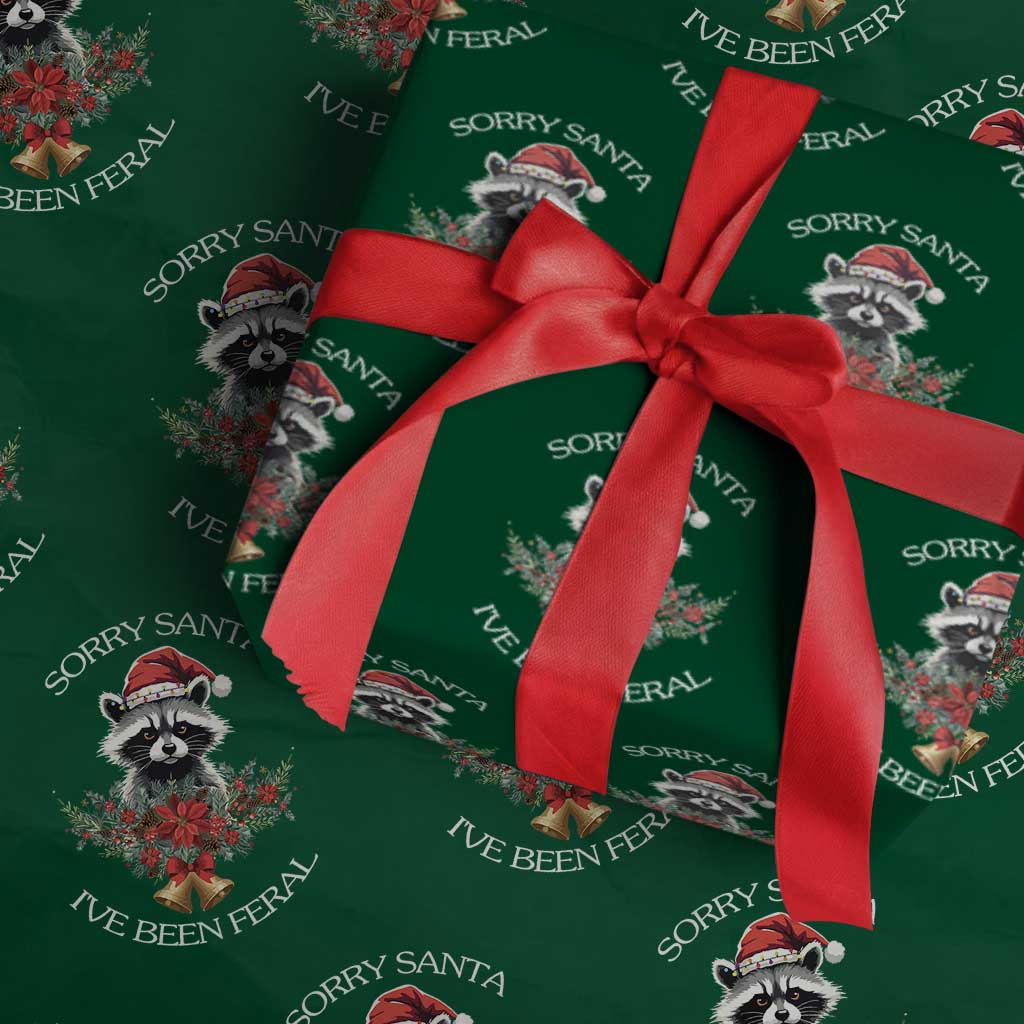 Funny Christmas Racoon Wrapping Paper Roll Sorry Santa I've Been Feral Xmas Wreath - Wonder Print Shop