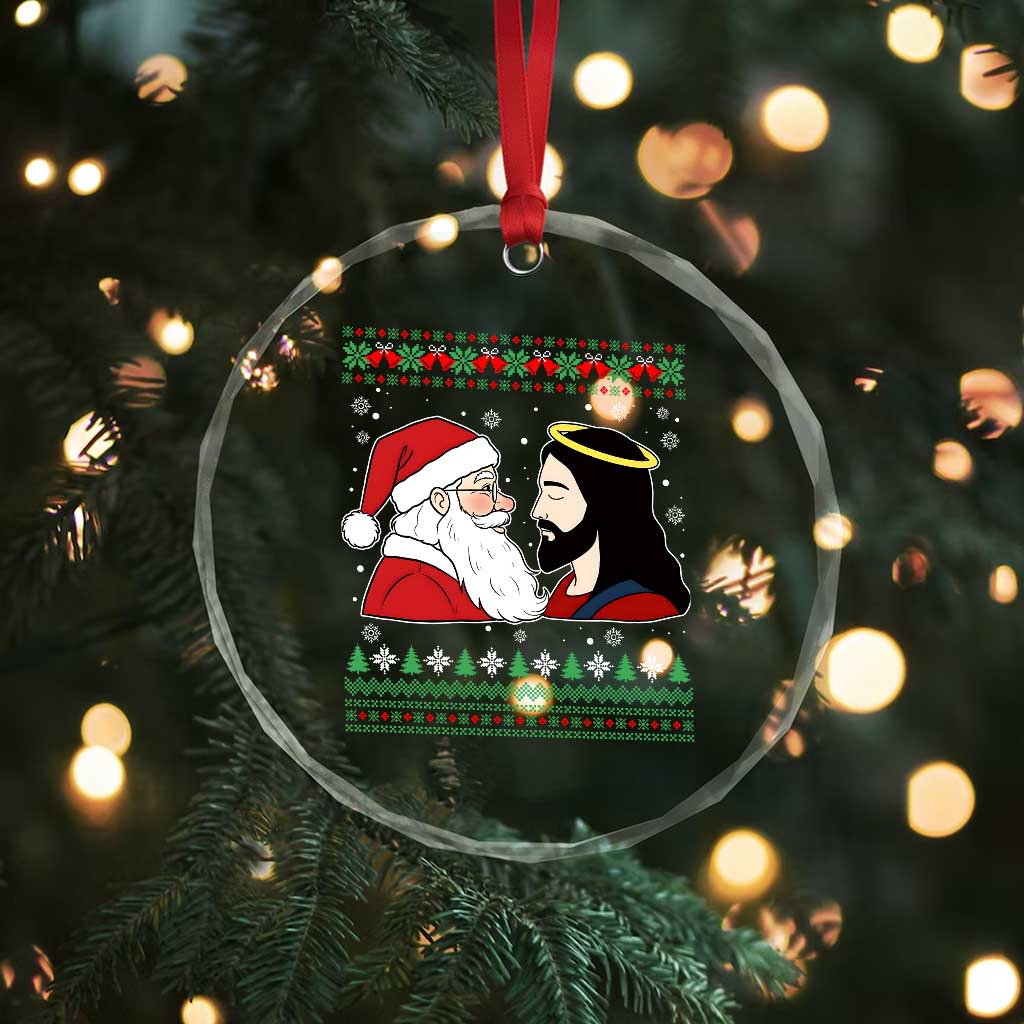 Funny Christmas Santa and Jesus Crystal Glass Ornament Most Wonderful Time Christian Holiday Gag Gift - Wonder Print Shop
