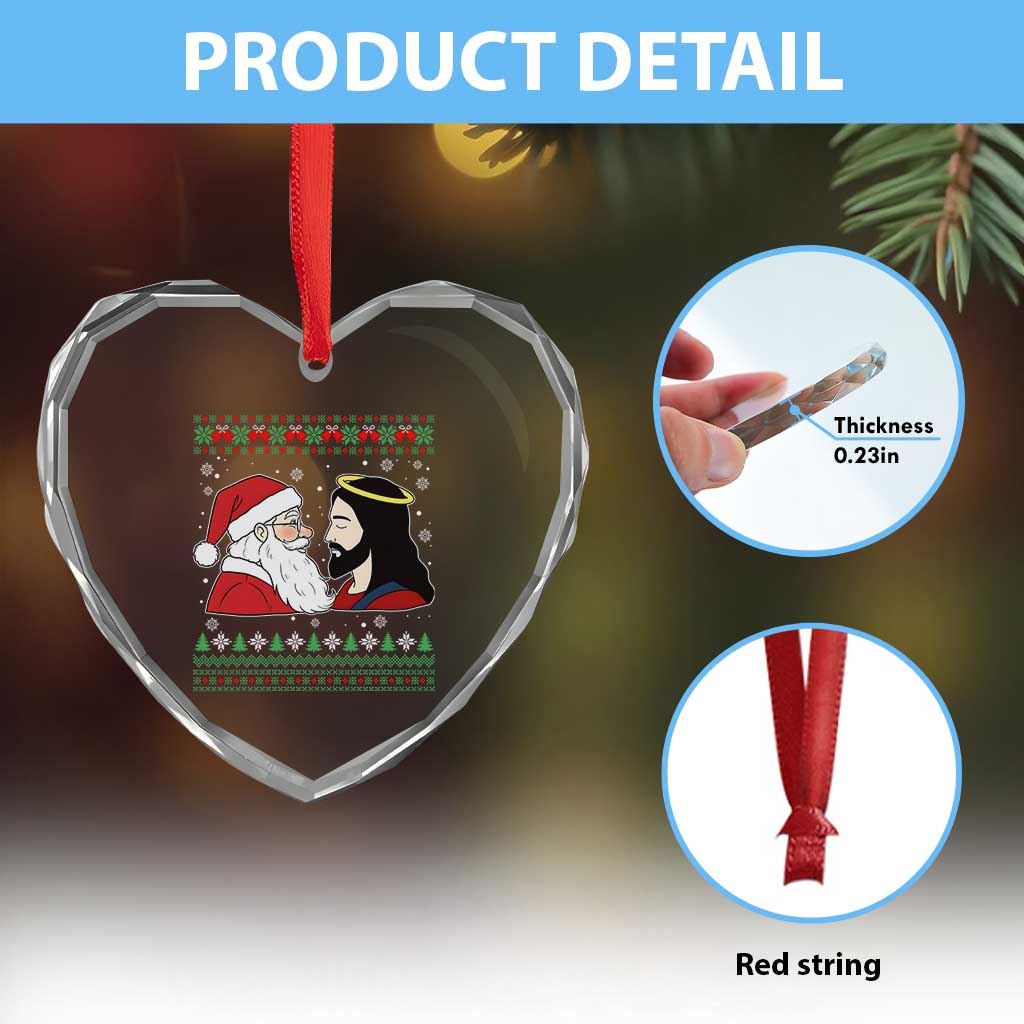 Funny Christmas Santa and Jesus Heart Crystal Glass Ornament Most Wonderful Time Christian Holiday Gag Gift - Wonder Print Shop