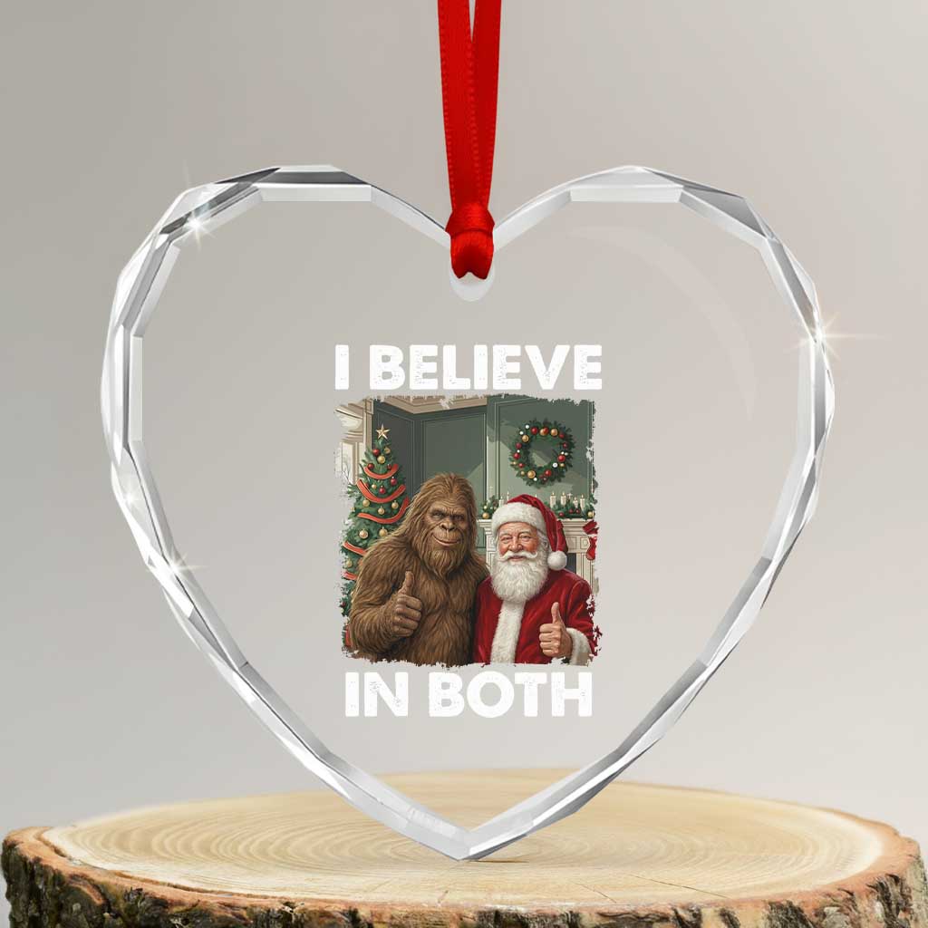 Funny Christmas Santa Bigfoot Heart Crystal Glass Ornament I Believe In Both Xmas Holiday - Wonder Print Shop