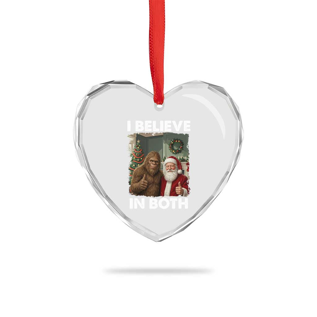 Funny Christmas Santa Bigfoot Heart Crystal Glass Ornament I Believe In Both Xmas Holiday - Wonder Print Shop