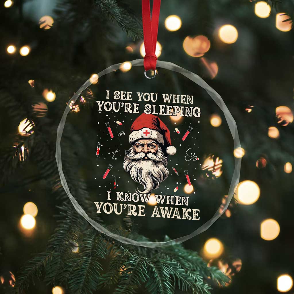 Funny Christmas Santa Doctor Medical Crystal Glass Ornament I See You When You're Sleeping I Know When You're Awake - Wonder Print Shop