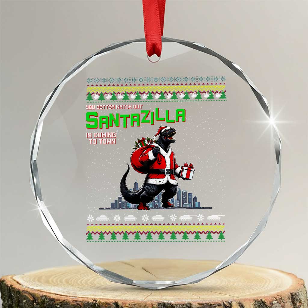 Funny Christmas Santa Godzilla Crystal Glass Ornament You Better Watch Out Santazilla Is Coming To Town - Wonder Print Shop