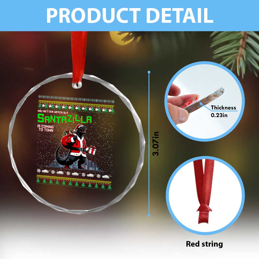 Funny Christmas Santa Godzilla Crystal Glass Ornament You Better Watch Out Santazilla Is Coming To Town - Wonder Print Shop