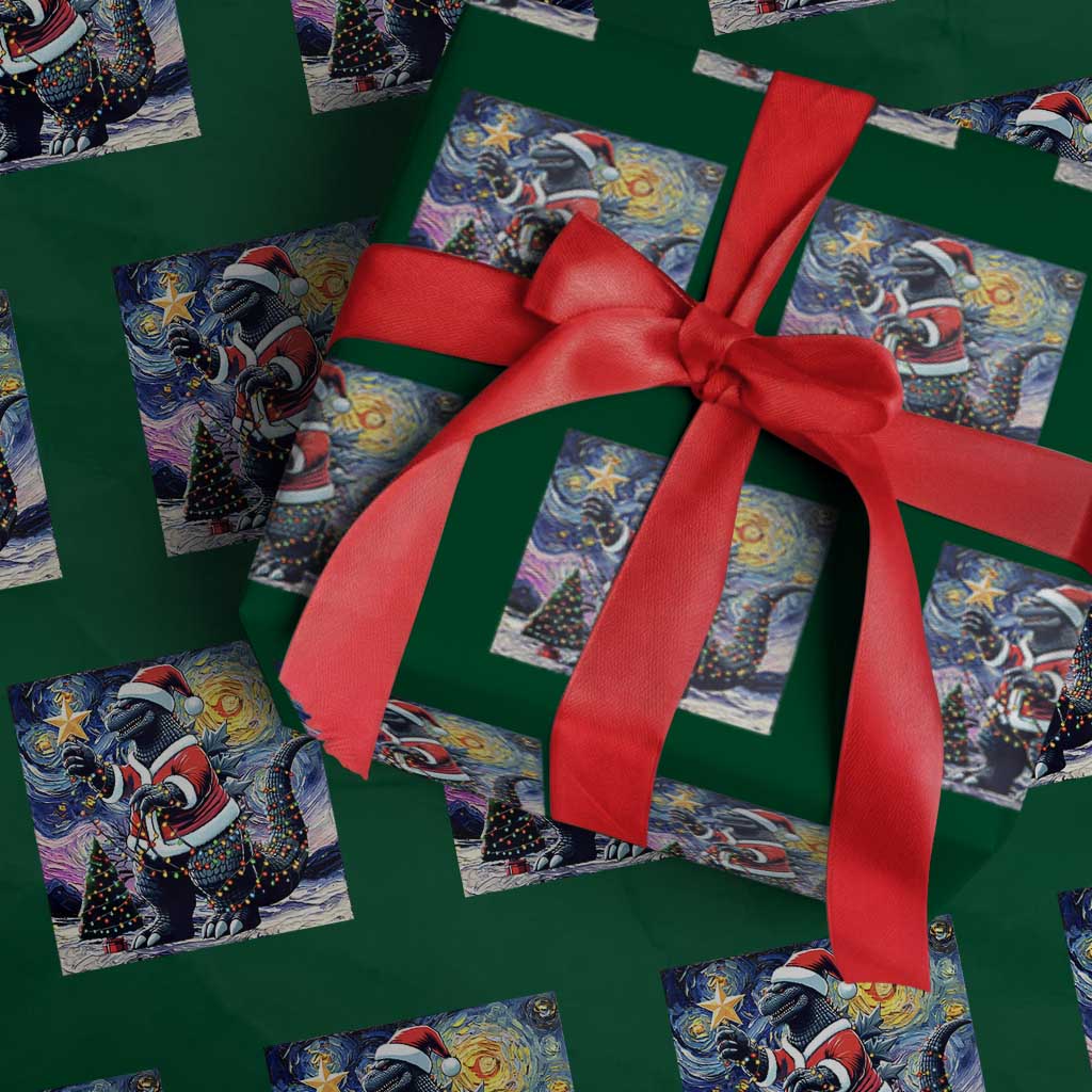 Funny Christmas Santa Godzilla Japanese Monster Starry Night Wrapping Paper Roll - Wonder Print Shop